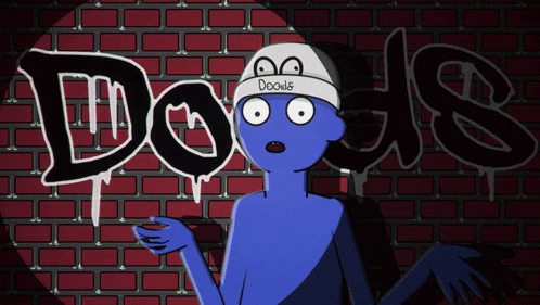 a cartoon character wearing a hat that says dooals on it