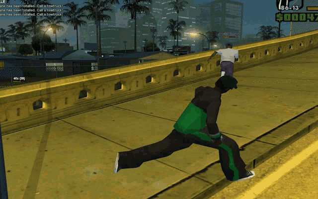 a video game screen shows a man walking on a bridge with a $ 000047 amount of money