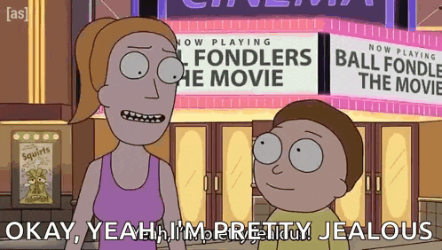 a couple of cartoon characters standing in front of a sign that says " ball fondlers the movie "