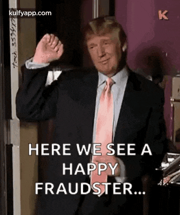 donald trump is wearing a suit and tie and is dancing .