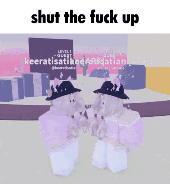 two cartoon characters are standing next to each other with the words " shut the fuck up " above them