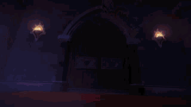 a person is walking through a doorway in a dark room with a purple sky in the background .