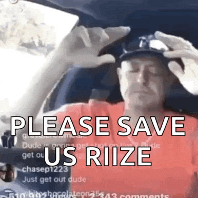 a man is sitting in a car with his eyes closed and the words please save us riize on the screen .