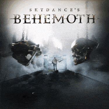 a poster for skydance 's benemoth shows a man standing in a cave