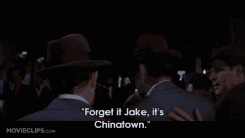 a movie clip from movieclips.com shows two men hugging and one says " forget it jake, it 's chinatown "