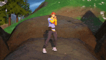 a person in a video game is standing on a large rock