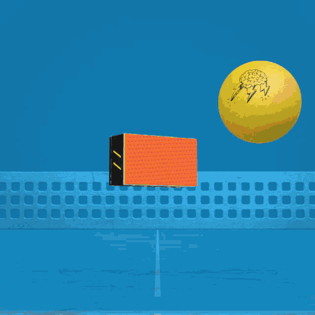 a yellow ball is flying over a blue ping pong net