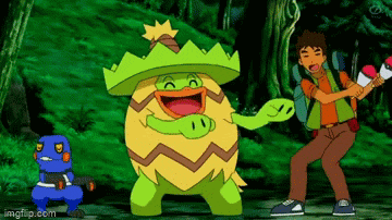 a man is standing next to a green and yellow pokemon .