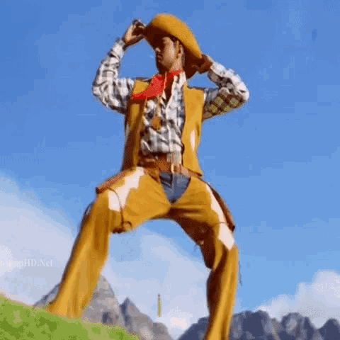 a man in a cowboy costume is standing on a grassy hill .