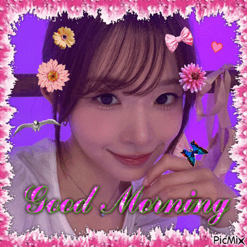 a picture of a girl with flowers on her head and the words good morning