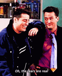 two men are standing next to each other and one of them is saying oh the tears are real