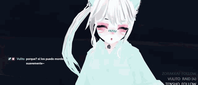 a video of a girl with white hair and a cat ear says vulito porque? al los puedo mordu suavemente