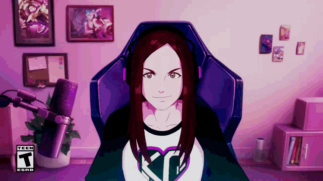 a woman in headphones is sitting in front of a microphone with a t on the bottom