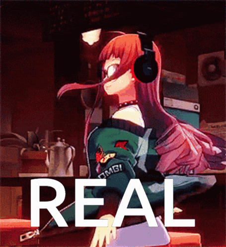 a girl wearing headphones is sitting in front of a sign that says " real "