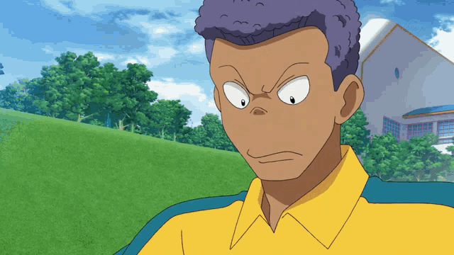 a cartoon character with a yellow shirt and blue sleeves is making an angry face