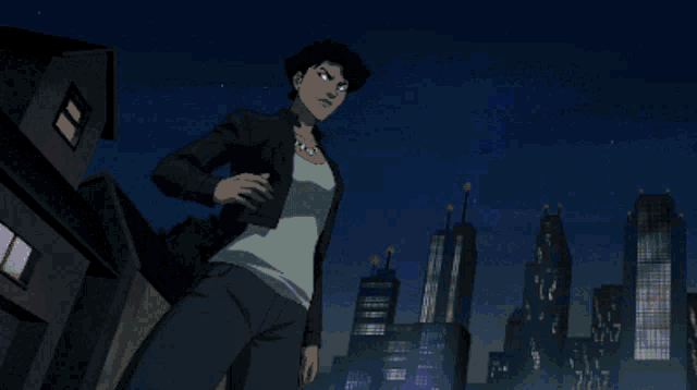 a cartoon character is standing in front of a city at night with a glowing object coming out of her chest
