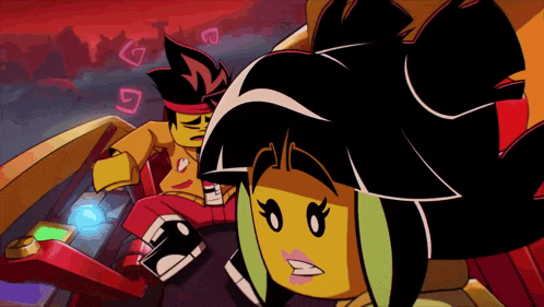 a cartoon drawing of a man and a girl with a g on their head