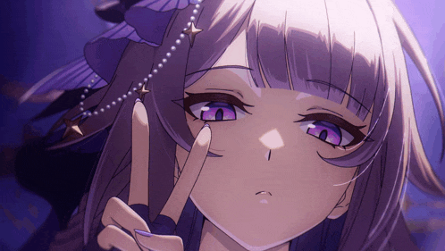 a girl with purple eyes is making a peace sign with her finger