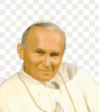 a close up of a man wearing a white robe with a cross around his neck