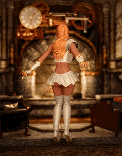 a woman standing in front of a fireplace with a clock on it