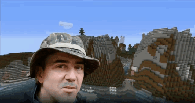 a man wearing a camouflage hat stands in front of a minecraft scene