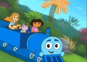 a cartoon of dora the explorer riding a blue train with her friends