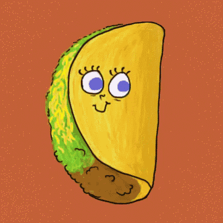a cartoon drawing of a taco with a smiling face on a blue background
