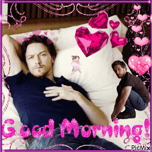 a picture of a man laying on a bed with the words good morning in pink