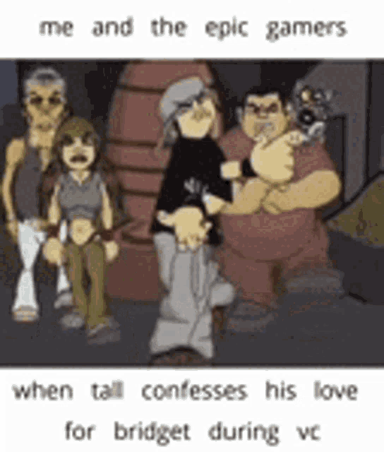a group of cartoon characters are standing next to each other in a cartoon .