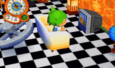 a cartoon character is sitting on a couch in front of a clock that shows the time as 2/4