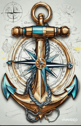 a drawing of an anchor with a compass in the middle