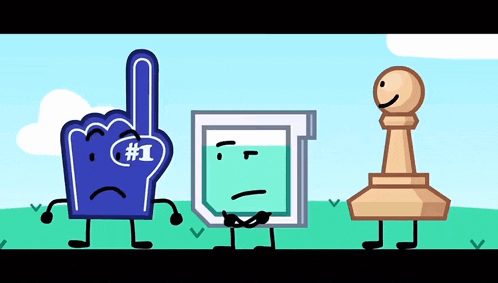 three cartoon characters are standing next to each other in a field . one of the characters is wearing a # 1 foam finger .