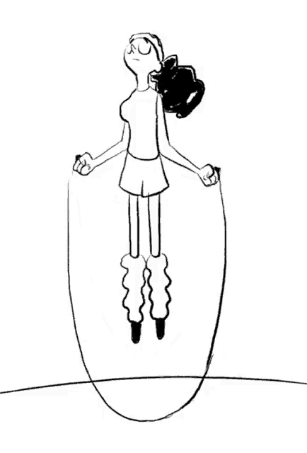 a black and white drawing of a woman jumping a jump rope under the word lompatan tali