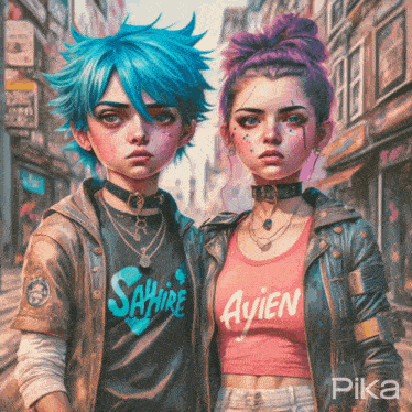 a girl with blue hair is wearing a sapphire shirt and a girl with purple hair is wearing a ayien shirt