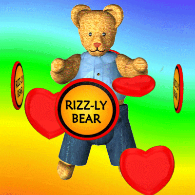 a teddy bear with a yellow sign that says rizz-ly bear on it