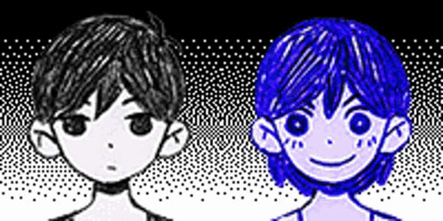 a black and white drawing of two cartoon characters with blue hair .