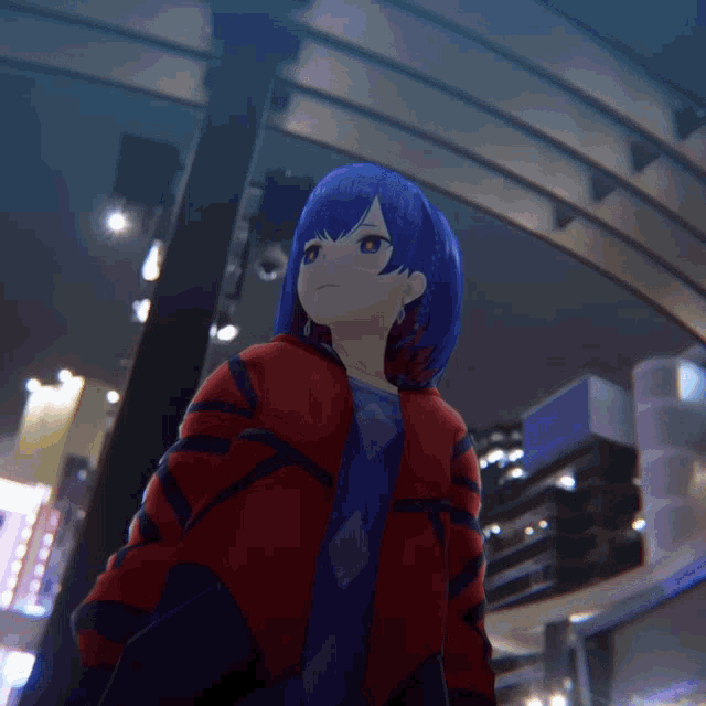 a girl with blue hair is wearing a red jacket and a blue shirt