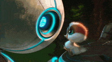 a small bird is looking at a robot with a blue light coming out of it