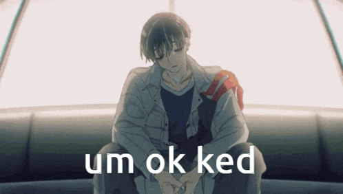 a picture of a man sitting with the words um ok ked written below him
