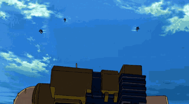 a drawing of a blue sky with a few birds flying in it