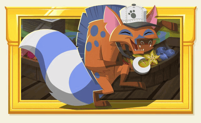 a cartoon of a fox wearing a hat and a necklace
