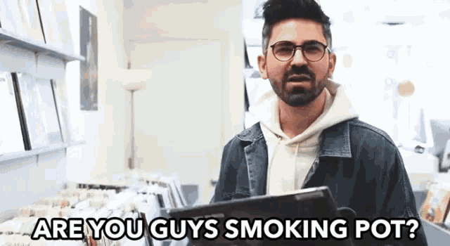 a man with glasses and a beard says " are you guys smoking pot ? "
