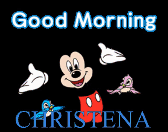 a poster that says good morning christina with mickey mouse and birds on it