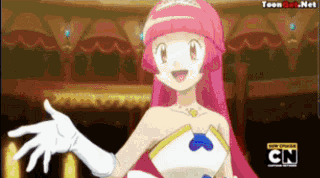 a cartoon girl with pink hair is wearing a white dress