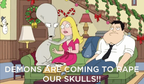 a cartoon scene with the words demons are coming to rape our skulls in the corner