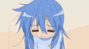 a girl with blue hair is yawning with her mouth wide open