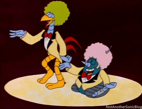 a cartoon of a rooster and a clown with the words not anothersonicblog below them