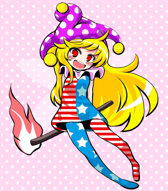 a girl with long blonde hair is wearing a red white and blue striped outfit