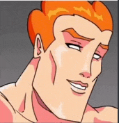 a close up of a cartoon character with red hair smiling