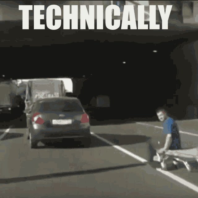 a man riding a scooter on a highway with the words technically above him